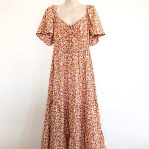 BLUSH Dress XL Orange Pink Floral Maxi Tie Accent Short Sleeve Prairie